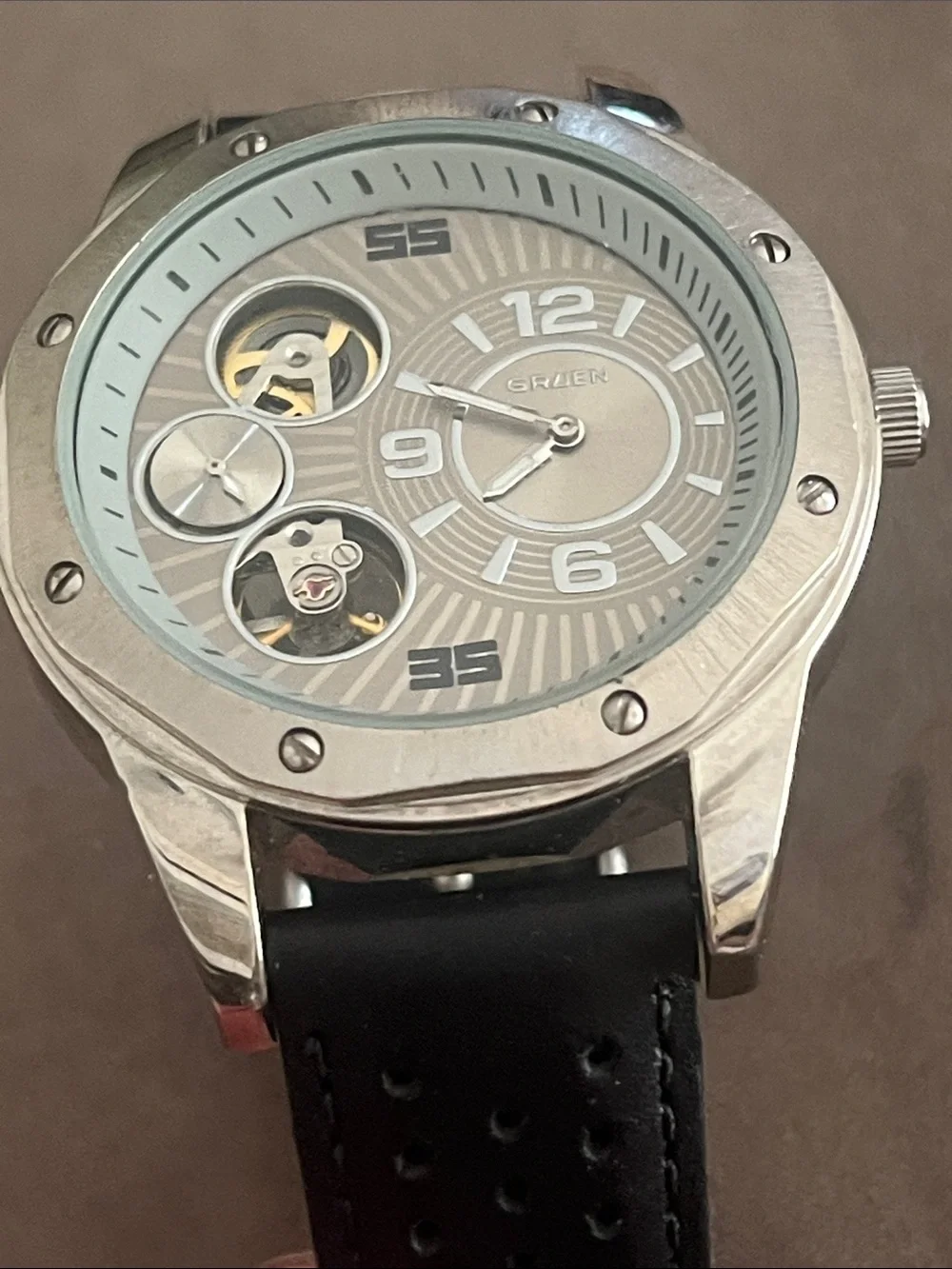Gruen Silver Dial Men's Mechanical Watch with Black Leather Band